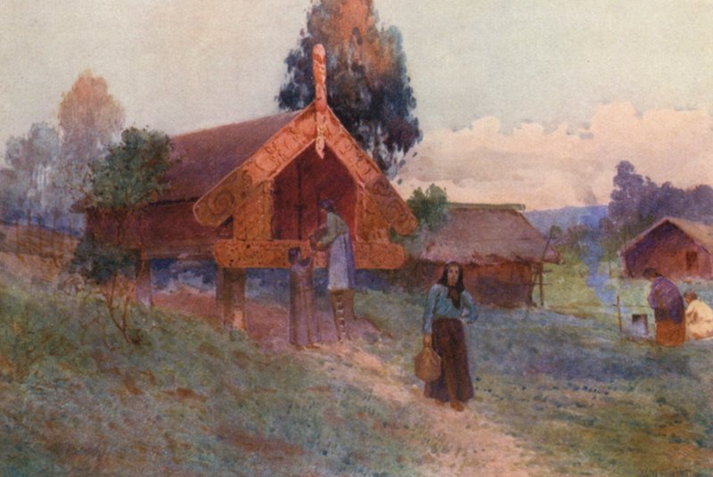 Új-Zéland: Pataka (színes litográfia) alkotó: Frank H Wright