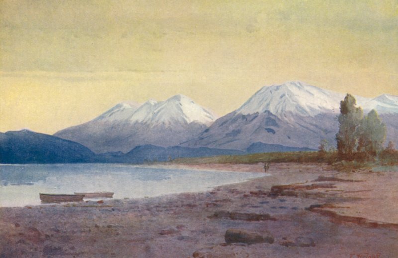 Új-Zéland: Te-Anau-tó lábánál (színes litográfia) alkotó: Frank H Wright