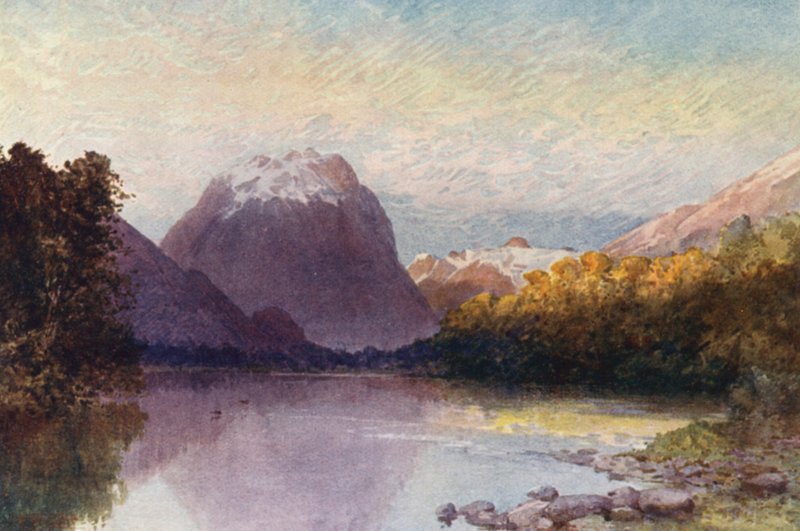 Új-Zéland: Te-Anau-tó fejénél (színes litográfia) alkotó: Frank H Wright