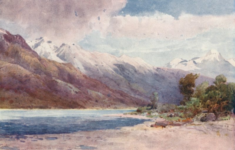 Új-Zéland: Wakatipu-tó partján (színes litográfia) alkotó: Frank H Wright