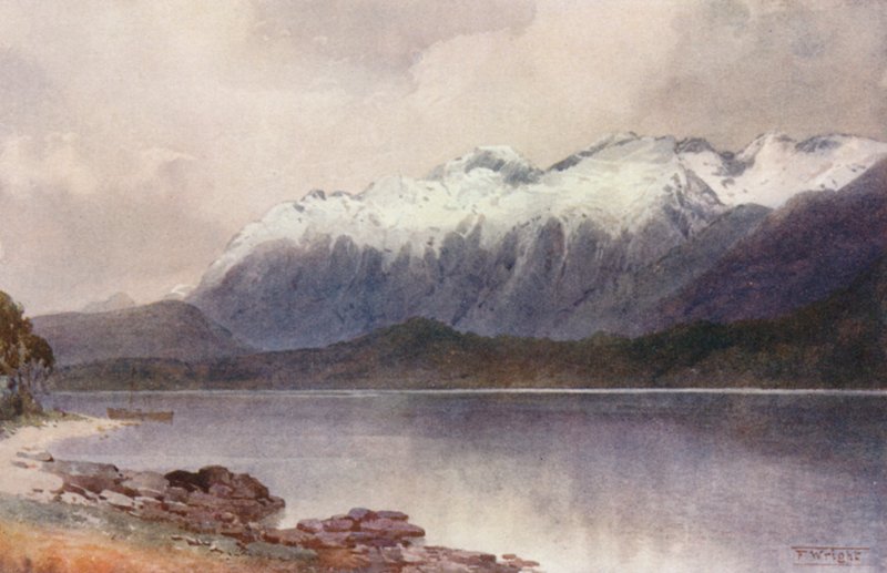 Új-Zéland: Cathedral Peaks (színes litográfia) alkotó: Frank H Wright