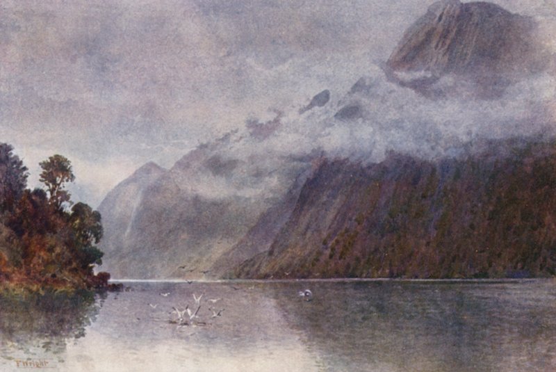 Új-Zéland: Milford Soundban (színes litho) alkotó: Frank H Wright