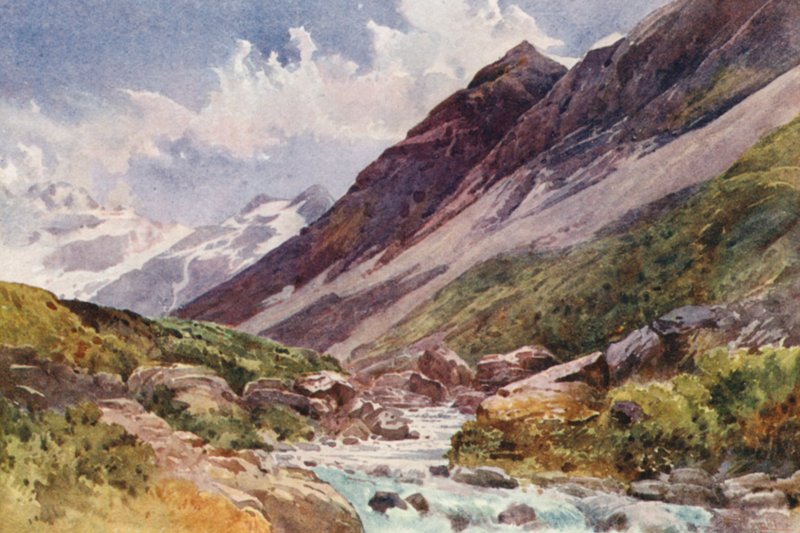 Új-Zéland: Hooker Valley-ben (színes litográfia) alkotó: Frank H Wright