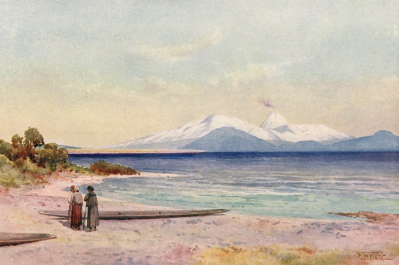 Új-Zéland: Taupo-tó (színes litho) alkotó: Frank H Wright