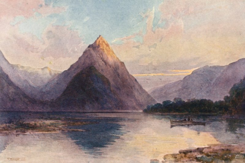 Új-Zéland: Mitre Peak (színes litográfia) alkotó: Frank H Wright