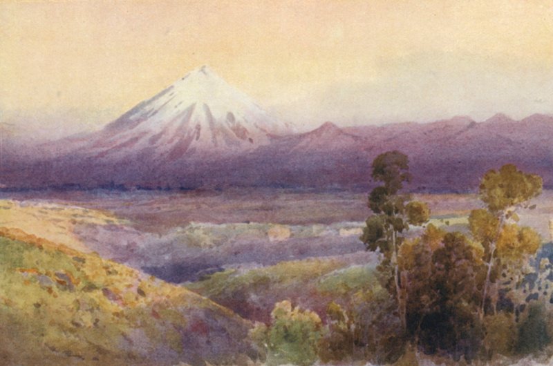 Új-Zéland: Mount Egmont (színes litográfia) alkotó: Frank H Wright