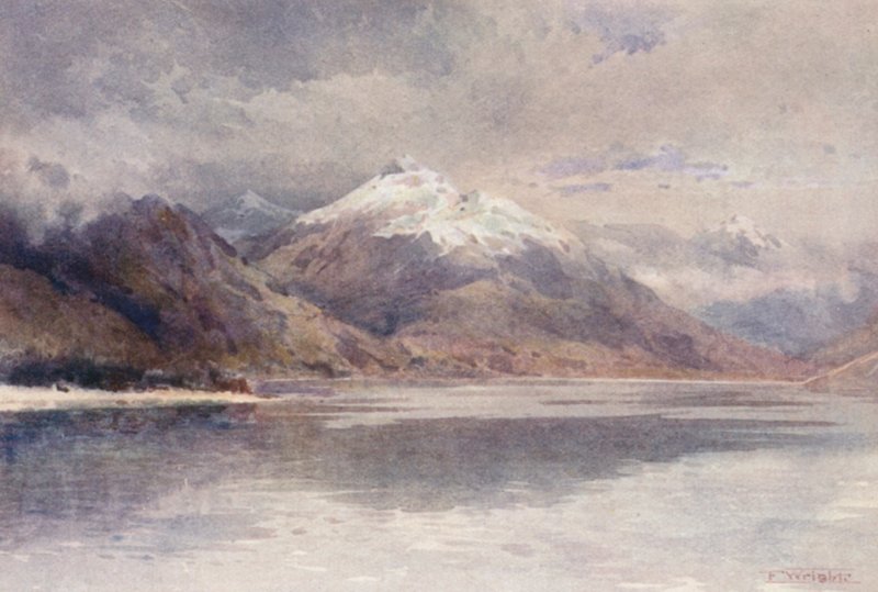 Új-Zéland: Cecil és Walter Peaks (színes litográfia) alkotó: Frank H Wright