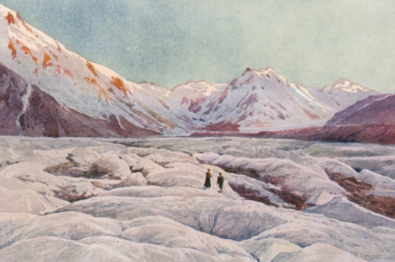 Új-Zéland: Tasman-gleccser (színes litográfia) alkotó: Frank H Wright