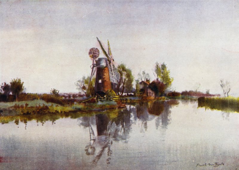 Norfolk Broads: Vízelvezető malom a hangyán (színes litho) alkotó: Frank Southgate