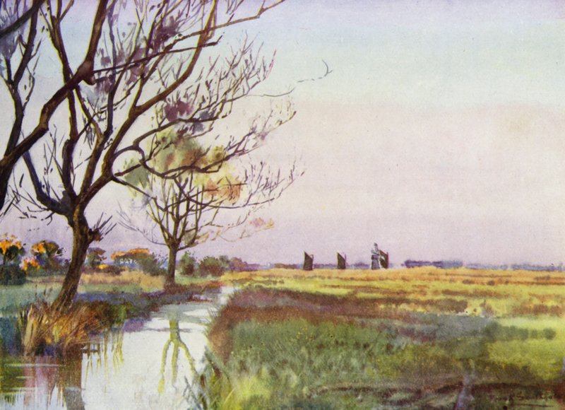 Norfolk Broads: Marshland Barton közelében (színes litho) alkotó: Frank Southgate