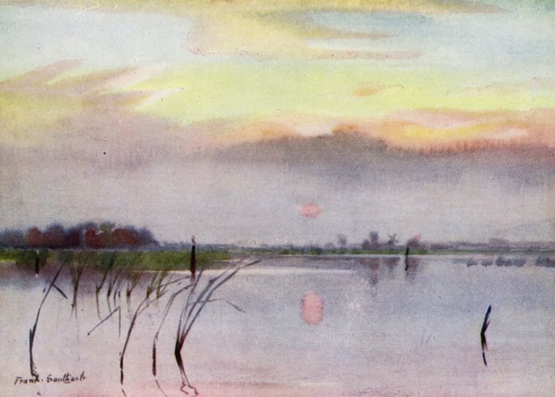 Norfolk Broads: Sunset, Heigham Sounds (színes litho) alkotó: Frank Southgate