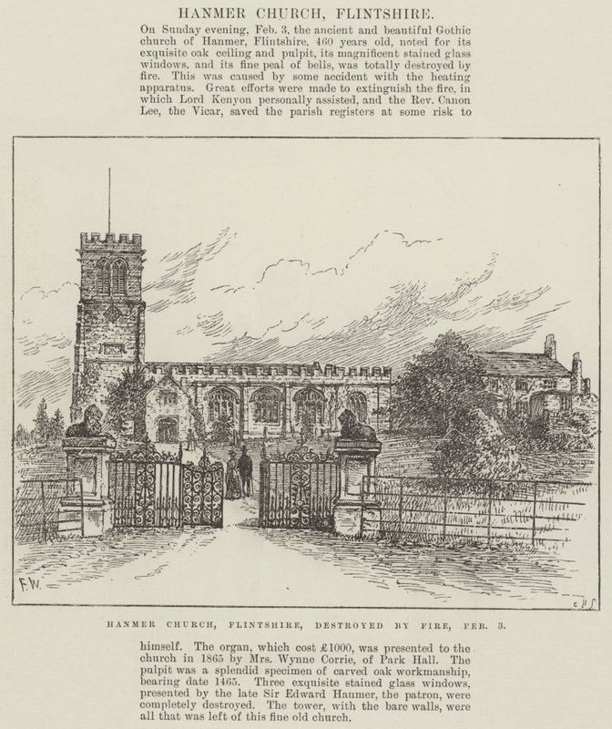 Hanmer templom, Flintshire, tűzvész pusztította el, február 3. alkotó: Frank Watkins