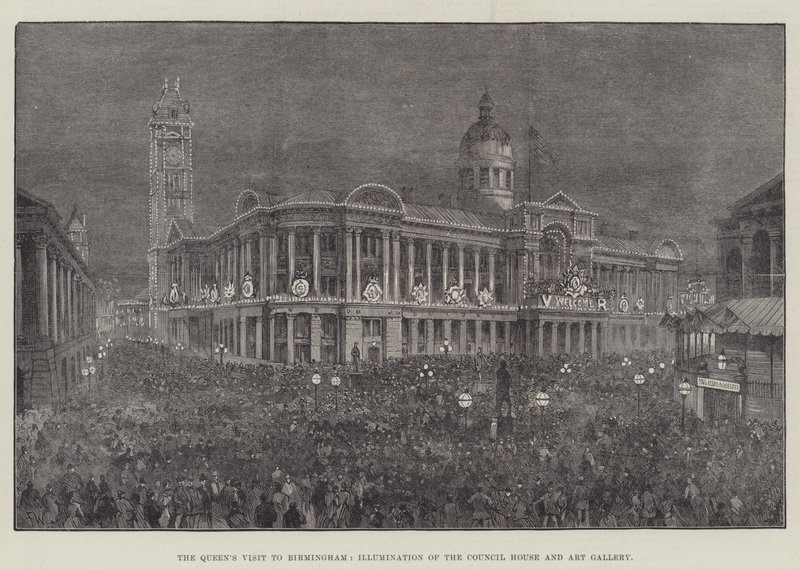 A királynő látogatása Birminghamben, a Tanácsház és a Művészeti Galéria megvilágítása alkotó: Frank Watkins