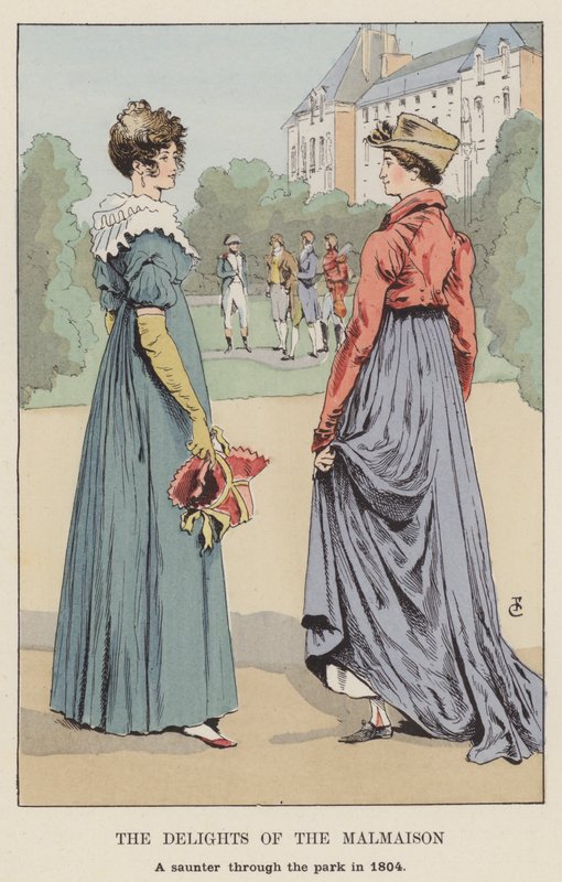 The Delights of the Malmaison, egy sétáló a parkban 1804-ben alkotó: François Courboin