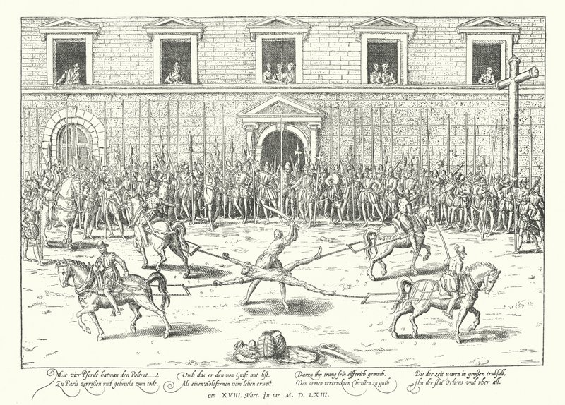 Jean de Poltrot kivégzése Ferenc Guise herceg meggyilkolása miatt, Párizs, 1563 alkotó: Franz Hogenberg