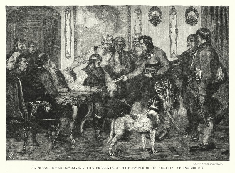 Andreas Hofer átveszi az osztrák császár ajándékait Innsbruckban (metszet) alkotó: Franz von (after) Defregger