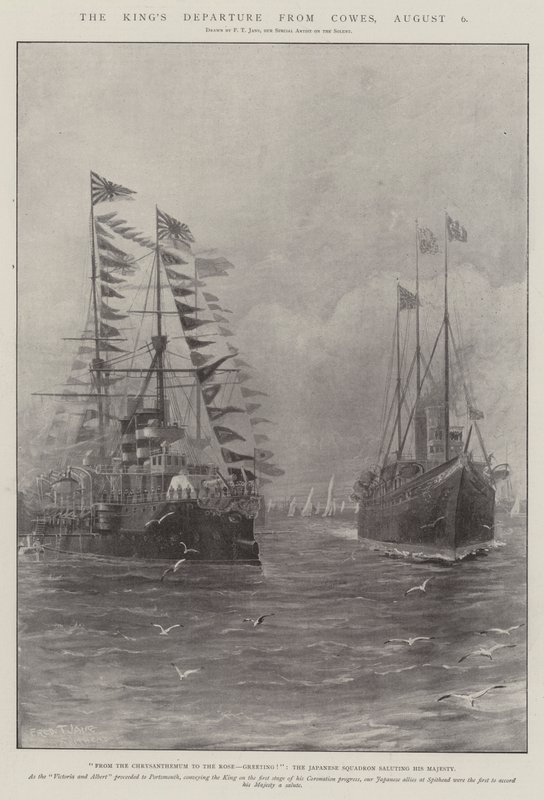 A király indulása Cowes-ból, augusztus 6. alkotó: Fred T. Jane