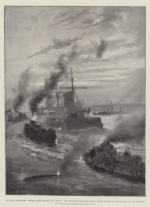 A haditengerészeti manőverek, torpedóakció a Thetis és Barry hadnagy torpedócsónakok második osztálya között a Longshipsről alkotó: Fred T. Jane