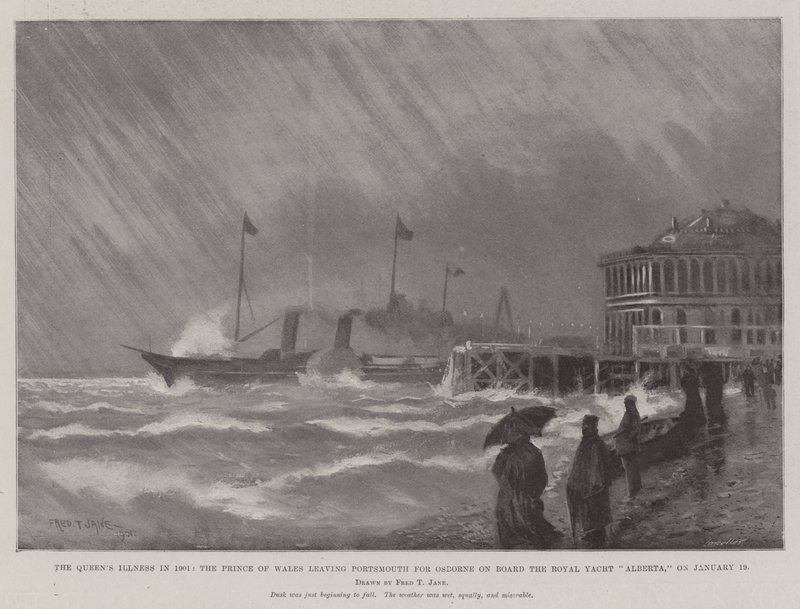 A királynő betegsége 1901-ben, a walesi herceg elhagyja Portsmouth-t Osborne-ba a Royal Yacht Alberta fedélzetén, január 19-én. alkotó: Fred T. Jane