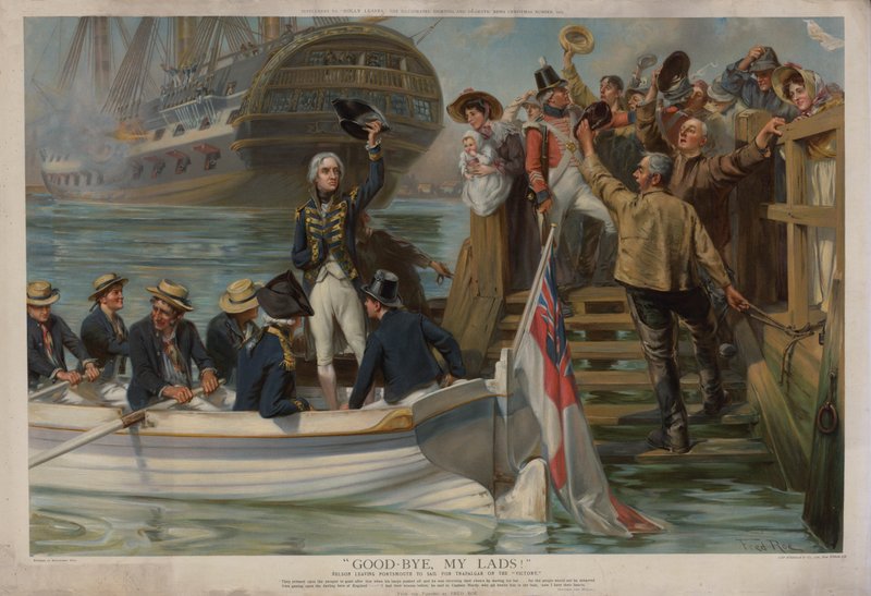 Nelson elhagyja Portsmouth-t, hogy Trafalgarba vitorlázzon a Victoryon (chromolitho) alkotó: Fred Roe