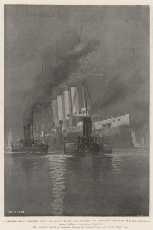 Karácsonyi ajándék a birodalomnak, a HMS Good Hope, a Cape Colony által a haditengerészetnek adott hadihajó, Portsmouthban, december 25-én. alkotó: Fred T. Jane