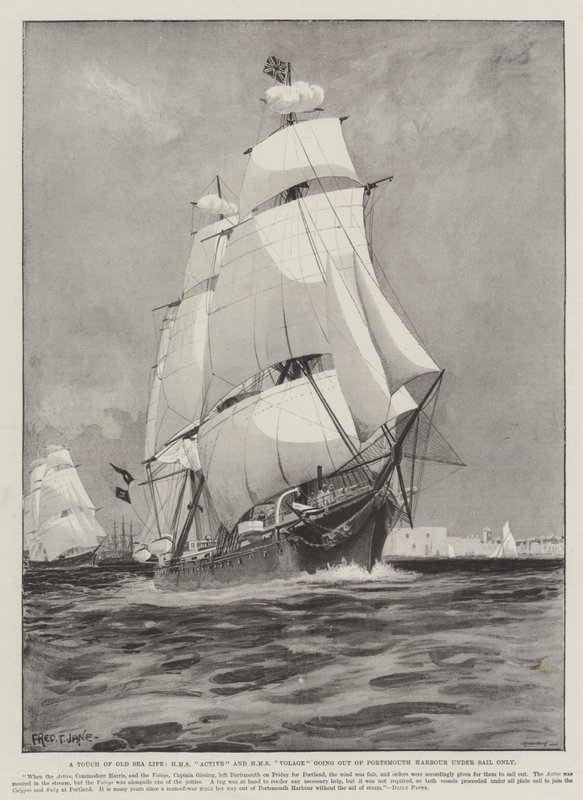 A régi tengeri élet érintése, a HMS Active és a HMS Volage, amely csak vitorla alatt indul ki Portsmouth kikötőjéből alkotó: Fred T. Jane