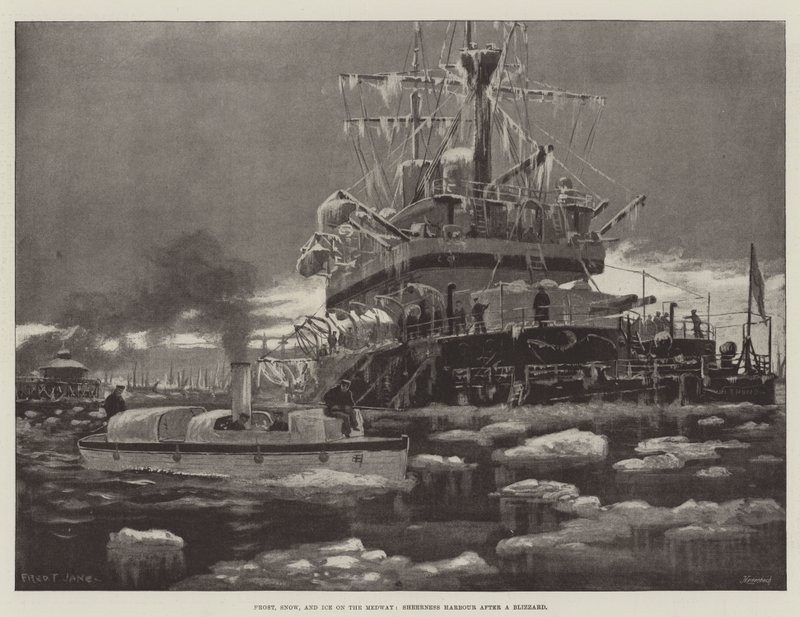Fagy, hó és jég a Medway-n, Sheerness kikötője hóvihar után alkotó: Fred T. Jane