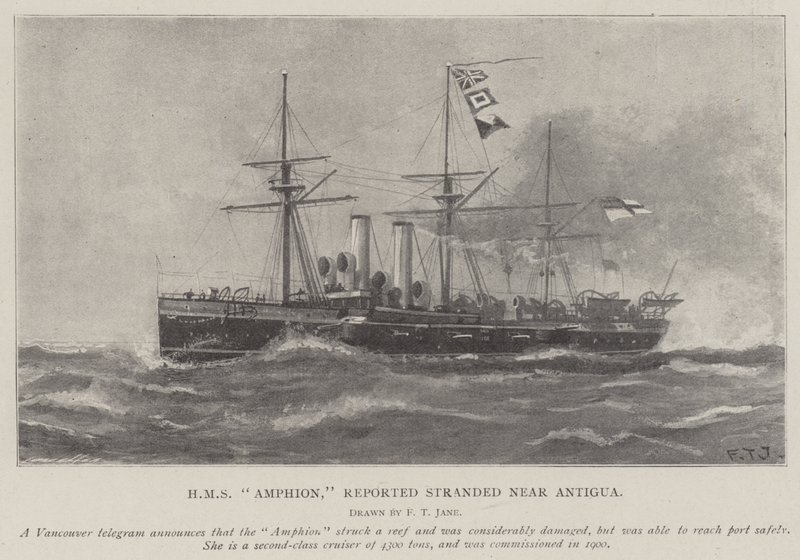 HMS Amphion, amely a jelentések szerint Antigua közelében megfeneklett. alkotó: Fred T. Jane