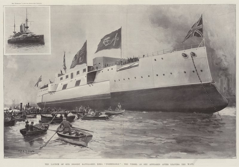 Legnagyobb csatahajónk, a HMS Formidable felbocsátása, a hajó, ahogy megjelent a Ways elhagyása után alkotó: Fred T. Jane