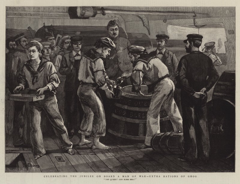 A jubileum ünneplése a Man of War fedélzetén, Grog extra adagjai alkotó: Frederic Villiers