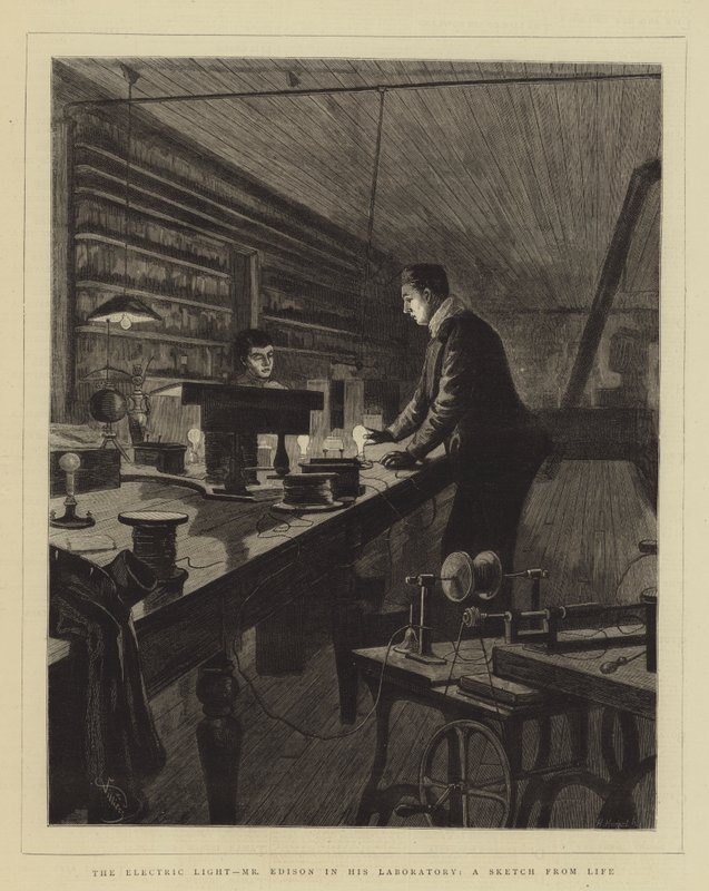 Az elektromos fény, Edison úr laboratóriumában, vázlat az életből alkotó: Frederic Villiers