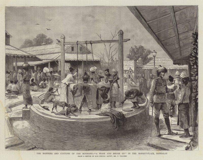 A burmanok szokásai és szokásai, Mosdás és felfrissülés a piactéren, Mandalay alkotó: Frederic Villiers