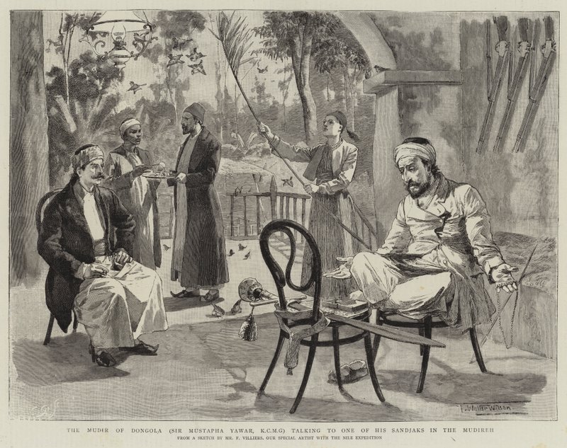 A dongolai mudir (Sir Mustapha Yawar, KCMG) az egyik szandzsákjával beszélget a Mudirehben alkotó: Frederic Villiers