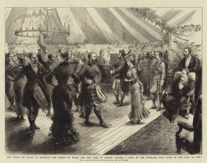 A walesi herceg Braemarban, a walesi herceg és Albany hercege Reel-t táncol a Fife grófja által adott Highland Ballon. alkotó: Frederic Villiers