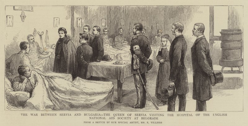 A Szerbia és Bulgária közötti háború, Szerbia királynője látogatást tesz az Angol Nemzeti Segélyegylet belgrádi kórházában. alkotó: Frederic Villiers