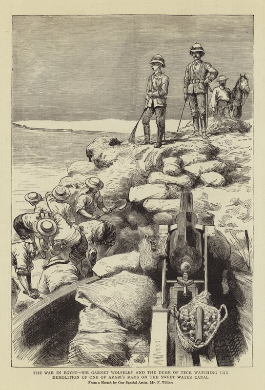 Az egyiptomi háború, Sir Garnet Wolseley és a Teck hercege az Arabi-gátak egyikének lerombolását figyeli az Édesvíz-csatornán. alkotó: Frederic Villiers