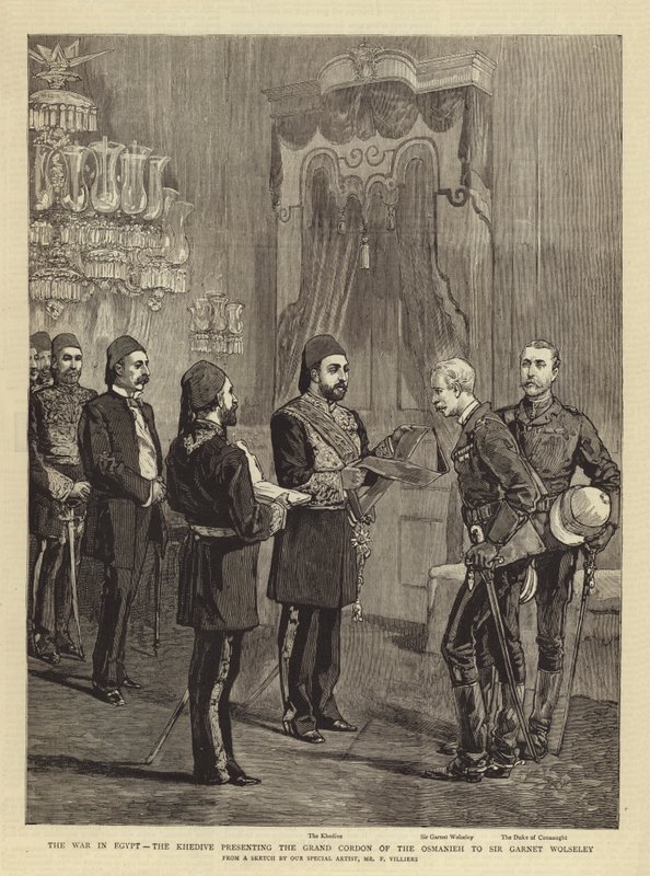 Az egyiptomi háború, a Khedive bemutatja az Osmanieh nagy kordonját Sir Garnet Wolseleynek alkotó: Frederic Villiers