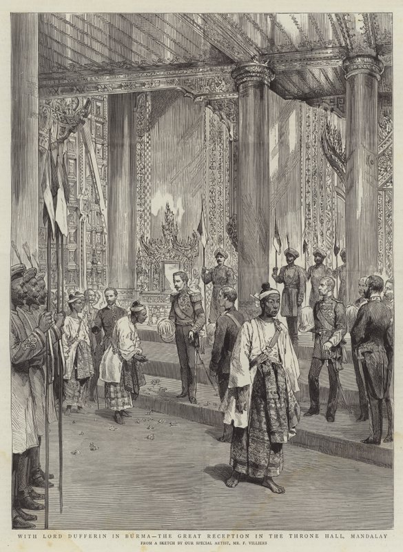 Lord Dufferinnel Burmában, a Nagy fogadáson a trónteremben, Mandalayban alkotó: Frederic Villiers