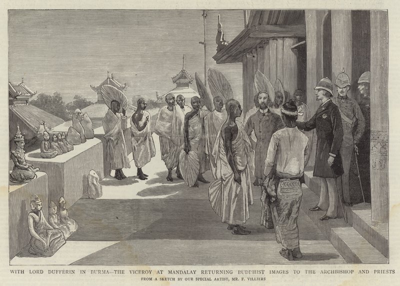 Lord Dufferinnel Burmában, Mandalay alkirályával, aki buddhista képeket adott vissza az érseknek és a papoknak alkotó: Frederic Villiers