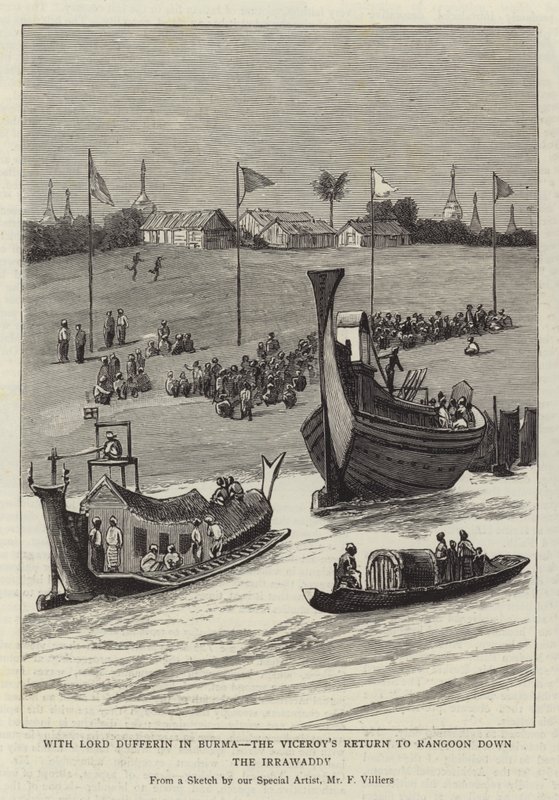 Lord Dufferinnel Burmában, az alkirály visszatérése Rangunba az Irrawaddy mentén alkotó: Frederic Villiers