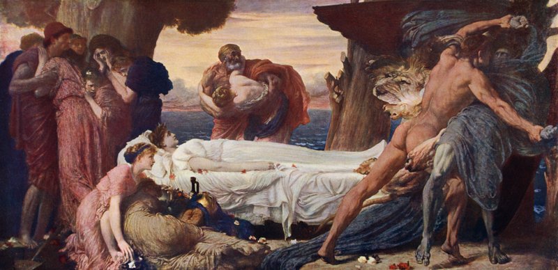 Herkules birkózik a halállal Alcestis testéért (színes litho) alkotó: Frederic (after) Leighton