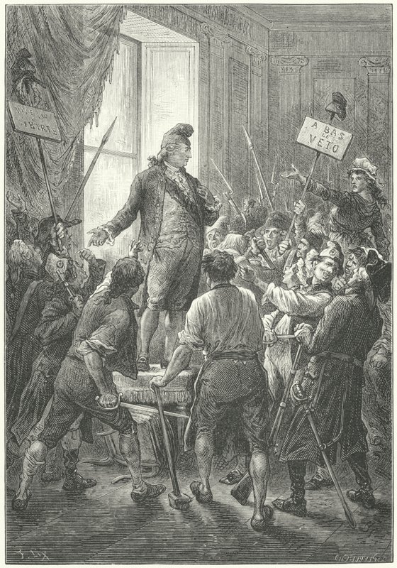 A francia XVI. Lajost fríg sapkára kényszerítették a sans-culottesek, miután megtámadták a Tuileries-palotát. alkotó: Frederic Theodore (after) Lix