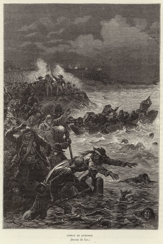 Combat de Quiberon. A Chouannerie és a Vendee-felkelés támogatói, akik megpróbáltak elmenekülni a republikánus erők elől a franciaországi Quiberonban, a francia forradalom alkotó: Frederic Theodore Lix
