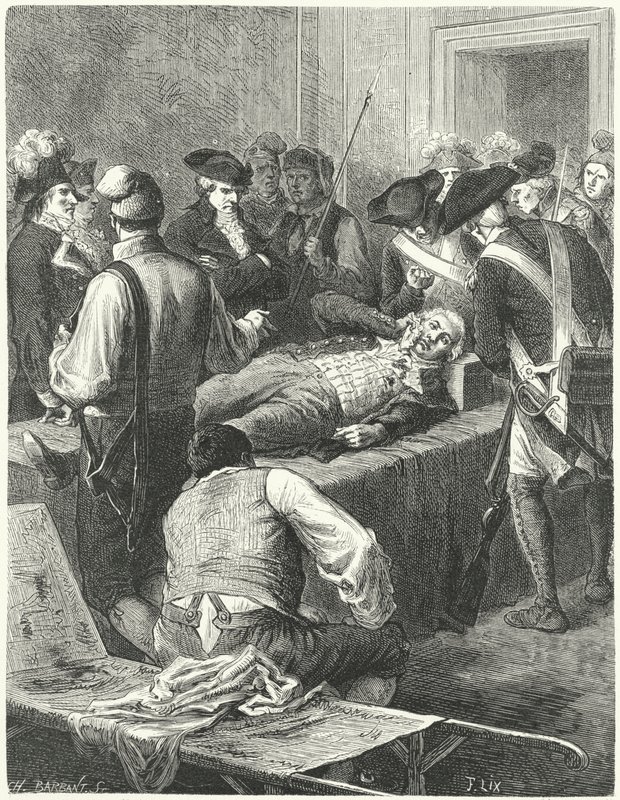 A megsebesült Maximilien Robespierre a Közbiztonsági Bizottságnál a kivégzésére vár, 1794 alkotó: Frederic Theodore Lix