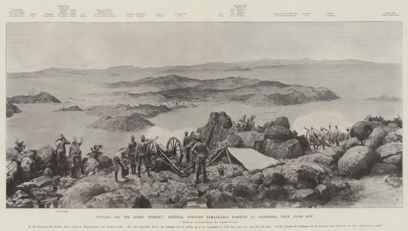 A búrok visszavonulása, French tábornok figyelemre méltó állása Colesbergnél Coles Koptól alkotó: Frederic Villiers