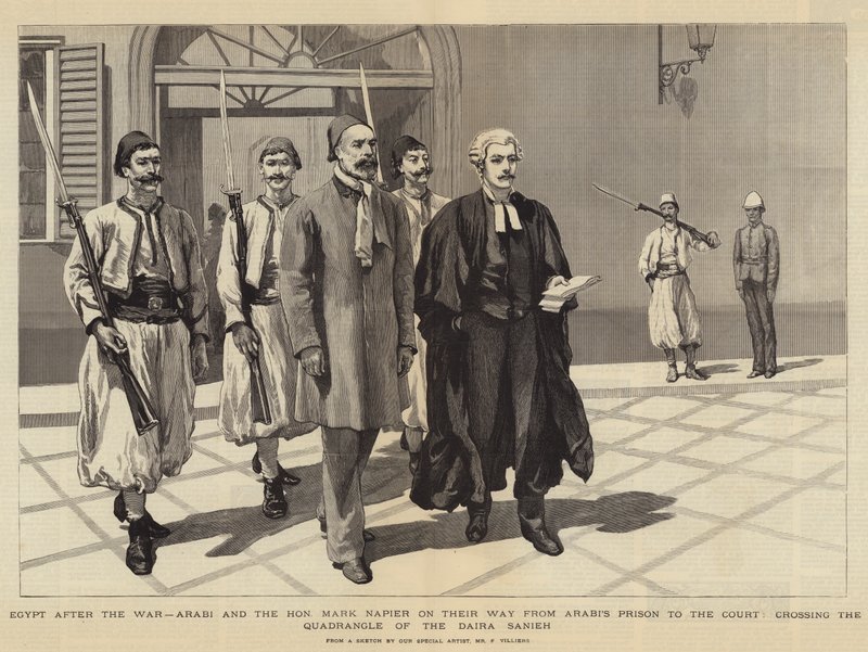 Egyiptom a háború után, Arabi és a tiszteletreméltó Mark Napier úton az Arabi börtönből a bíróság felé, átkelve a Daira Sanieh négyszögén alkotó: Frederic Villiers