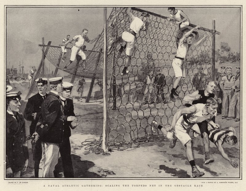 A Naval Athletic összejövetele, a Torpedóháló méretezése az akadályversenyen alkotó: Frederic de Haenen