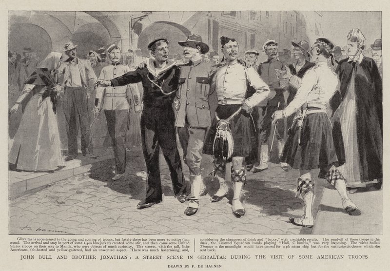 John Bull és Jonathan testvér, egy utcai jelenet Gibraltárban néhány amerikai csapat látogatásakor alkotó: Frederic de Haenen
