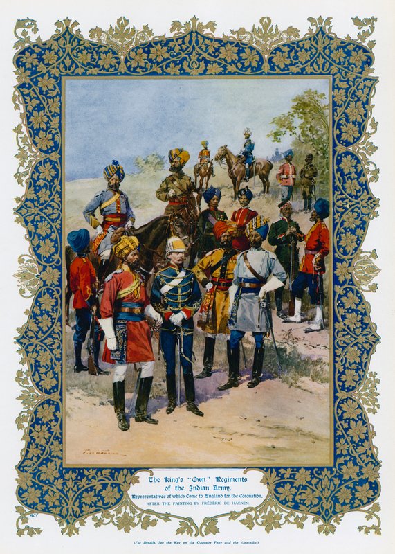 V. György király az indiai hadsereg „saját” ezredei (színes litho) alkotó: Frederic de Haenen