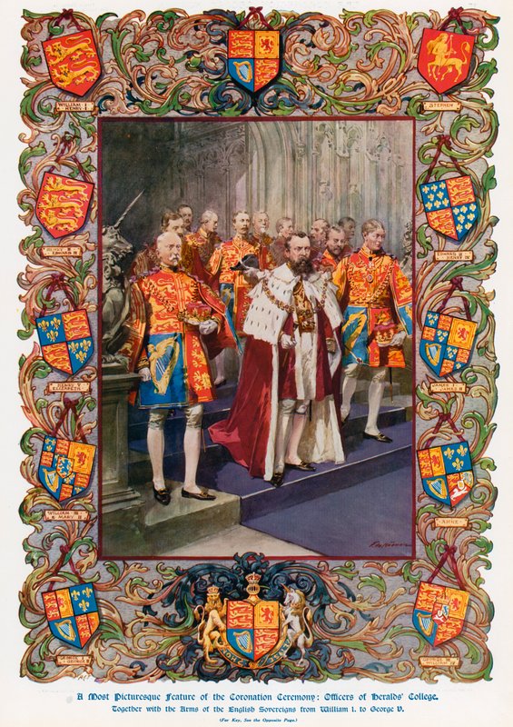 A Heralds’ College tisztjei, valamint az angol uralkodók fegyveresei I. Vilmos királytól V. György királyig (színes litho) alkotó: Frederic de Haenen